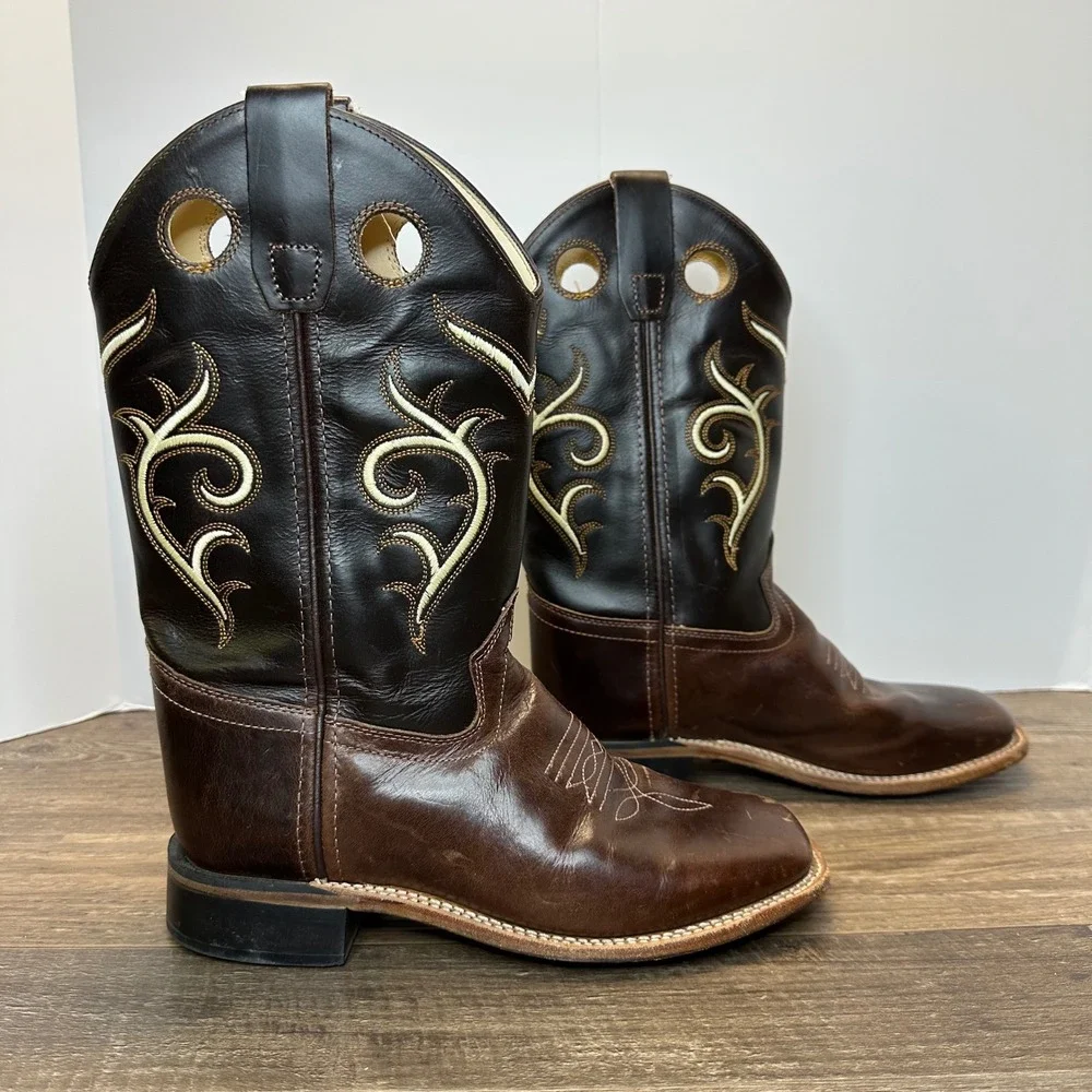 Old West Kids Boys Brown Leather Square Toe Western Cowboy Boots BSY1807 Size 4D